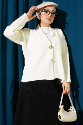 Çift Gold Düğmeli Kısa Triko Hırka Ekru - RAFİMİX