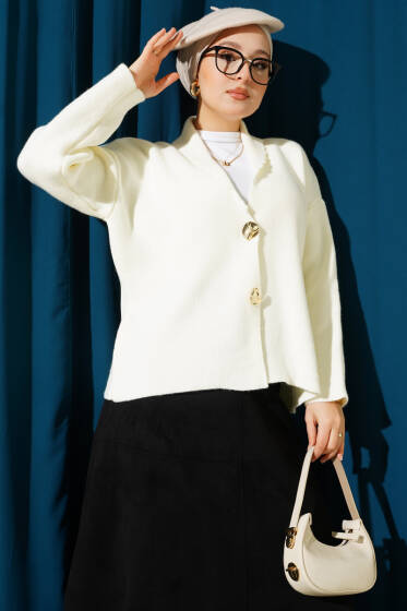 Çift Gold Düğmeli Kısa Triko Hırka Ekru - Hırka