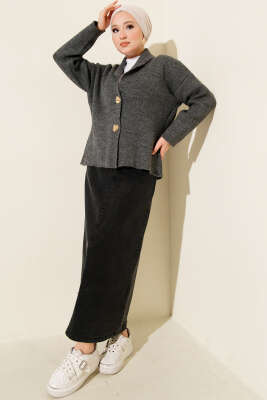 Çift Gold Düğmeli Kısa Triko Hırka Füme - Hırka