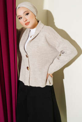 Çift Gold Düğmeli Kısa Triko Hırka Taş - RAFİMİX