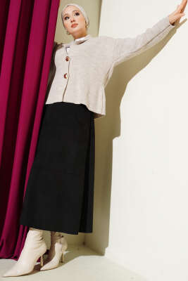 Çift Gold Düğmeli Kısa Triko Hırka Taş - Hırka