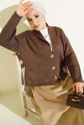 Çift Gold Düğmeli Kısa Triko Hırka Vizon - RAFİMİX