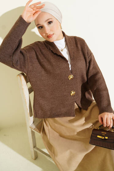 Çift Gold Düğmeli Kısa Triko Hırka Vizon - Hırka