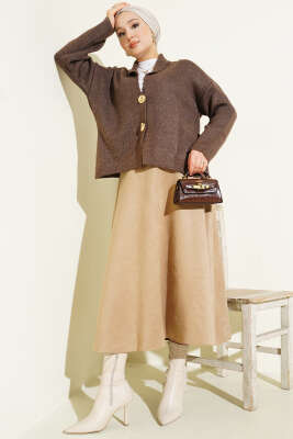 Çift Gold Düğmeli Kısa Triko Hırka Vizon - Hırka