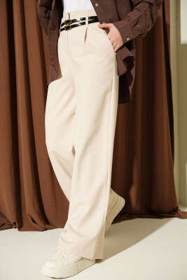 Çift İnce Kemer Geniş Paça Pantolon Bej - FİXAY