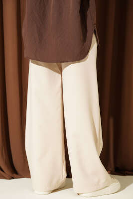 Çift İnce Kemer Geniş Paça Pantolon Bej - Pantolon