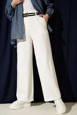 Çift İnce Kemer Geniş Paça Pantolon Beyaz - FİXAY