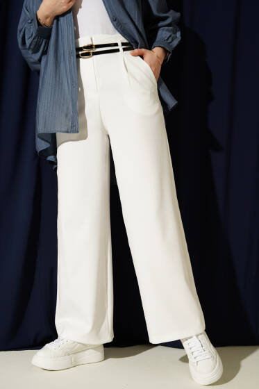 Çift İnce Kemer Geniş Paça Pantolon Beyaz - Pantolon