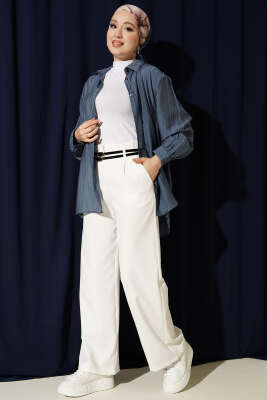 Çift İnce Kemer Geniş Paça Pantolon Beyaz - Pantolon