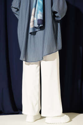 Çift İnce Kemer Geniş Paça Pantolon Beyaz - Pantolon