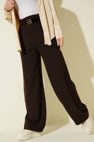 Çift İnce Kemer Geniş Paça Pantolon Kahve - Pantolon