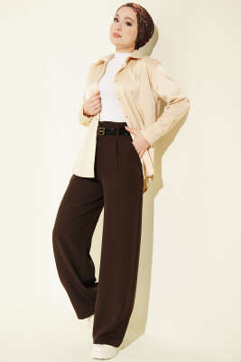 Çift İnce Kemer Geniş Paça Pantolon Kahve - Pantolon
