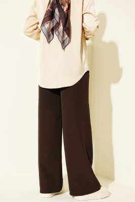 Çift İnce Kemer Geniş Paça Pantolon Kahve - Pantolon