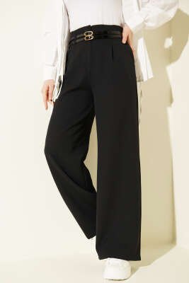 Çift İnce Kemer Geniş Paça Pantolon Siyah - FİXAY
