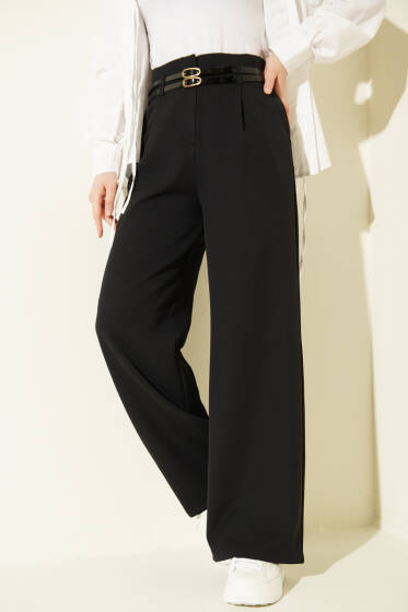 Çift İnce Kemer Geniş Paça Pantolon Siyah - Pantolon