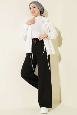 Çift İnce Kemer Geniş Paça Pantolon Siyah - Pantolon