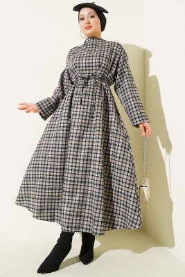 Çift İp Kuşaklı Ekoseli Elbise Bej - Elbise