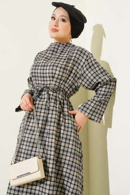 Çift İp Kuşaklı Ekoseli Elbise Bej - Elbise