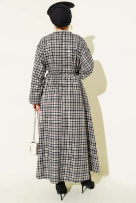 Çift İp Kuşaklı Ekoseli Elbise Bej - Elbise