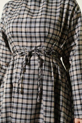 Çift İp Kuşaklı Ekoseli Elbise Bej - Elbise