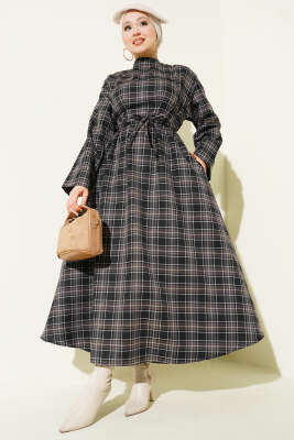 Çift İp Kuşaklı Ekoseli Elbise Siyah - MISRA