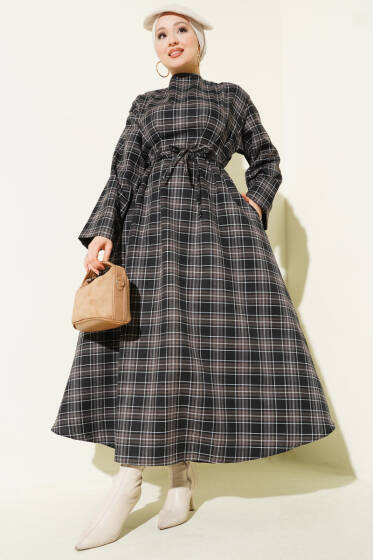 Çift İp Kuşaklı Ekoseli Elbise Siyah - Elbise