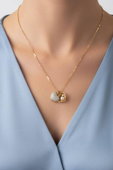 Çift Kalpli İncili Kolye Gold - Kolye
