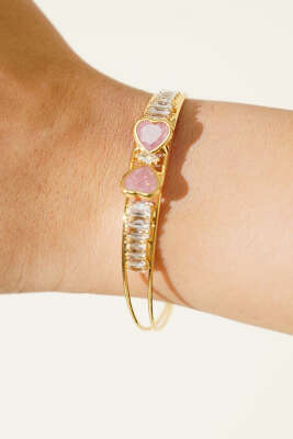 Çift Kalpli Taşlı Bilezik Pudra - Bileklik