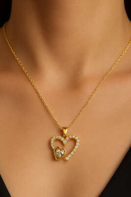 Çift Kalpli Taşlı Kolye Gold 