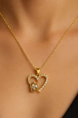 Çift Kalpli Taşlı Kolye Gold - Kolye