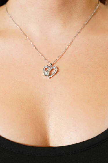Çift Kalpli Taşlı Kolye Gümüş - Kolye