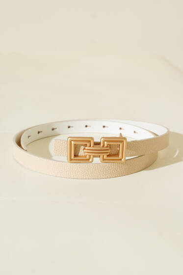 Çift Kare Metal Tokalı Kemer Bej - Deri Kemer