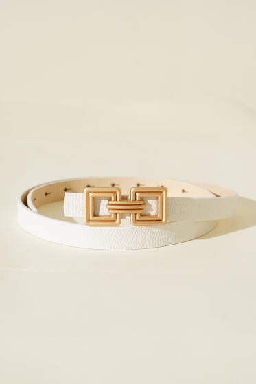 Çift Kare Metal Tokalı Kemer Beyaz - Deri Kemer