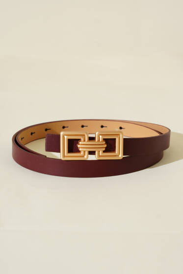Çift Kare Metal Tokalı Kemer Bordo - Deri Kemer