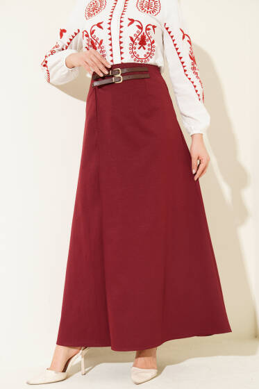 Çift Kemer Detaylı Etek Bordo - Etek