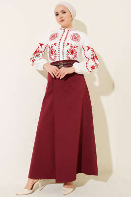 Çift Kemer Detaylı Etek Bordo - Etek