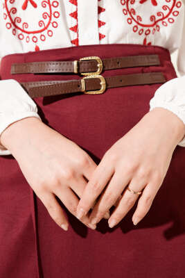 Çift Kemer Detaylı Etek Bordo - Etek