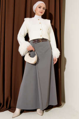 Çift Kemer Detaylı Etek Gri - Etek
