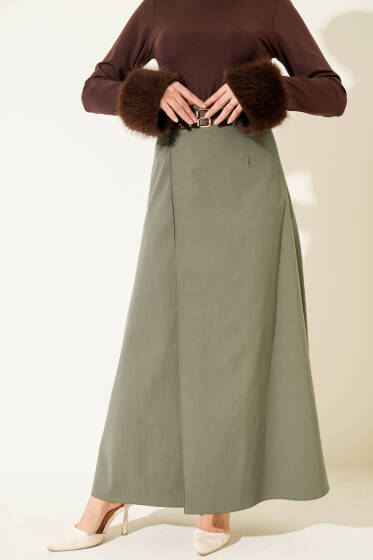 Çift Kemer Detaylı Etek Haki - Etek