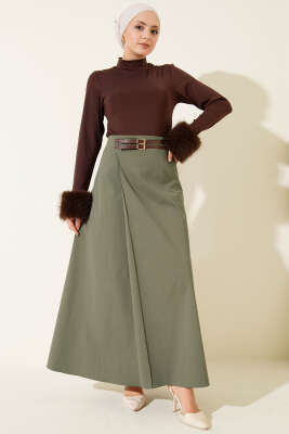 Çift Kemer Detaylı Etek Haki - Etek