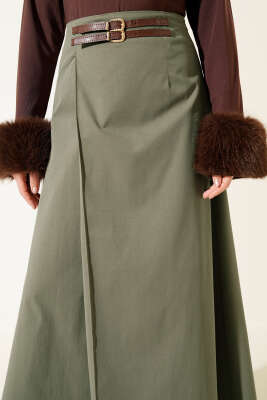 Çift Kemer Detaylı Etek Haki - Etek