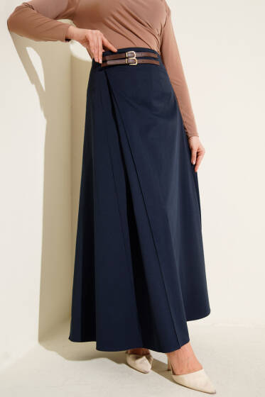 Çift Kemer Detaylı Etek Lacivert - Etek