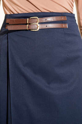 Çift Kemer Detaylı Etek Lacivert - Etek