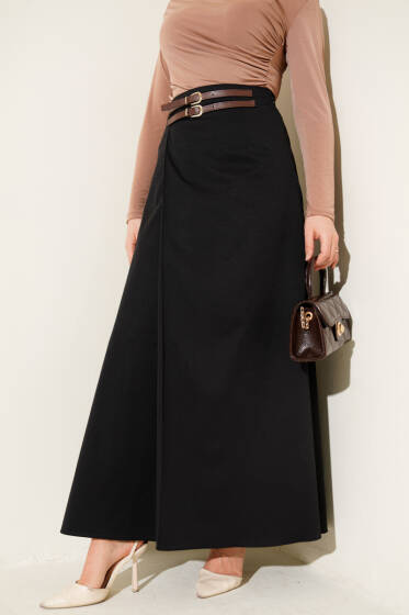 Çift Kemer Detaylı Etek Siyah - Etek