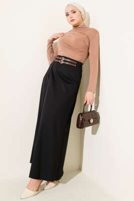 Çift Kemer Detaylı Etek Siyah - Etek