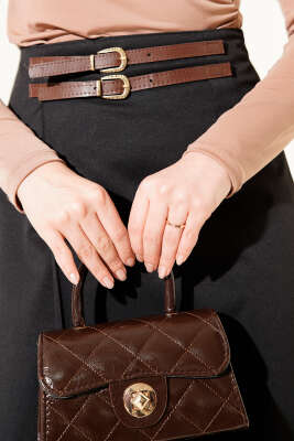 Çift Kemer Detaylı Etek Siyah - Etek