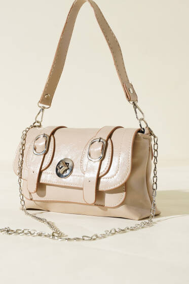 Çift Kemer Detaylı Rugan Çanta Bej - Kol Çantası