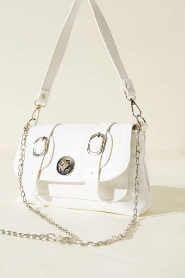 Çift Kemer Detaylı Rugan Çanta Beyaz - Kol Çantası