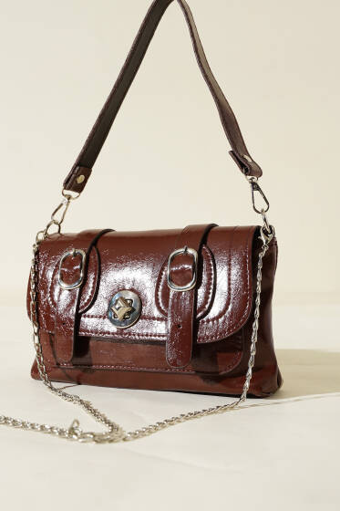 Çift Kemer Detaylı Rugan Çanta Kahve - Kol Çantası