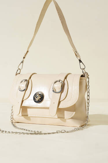 Çift Kemer Detaylı Rugan Çanta Krem - Kol Çantası